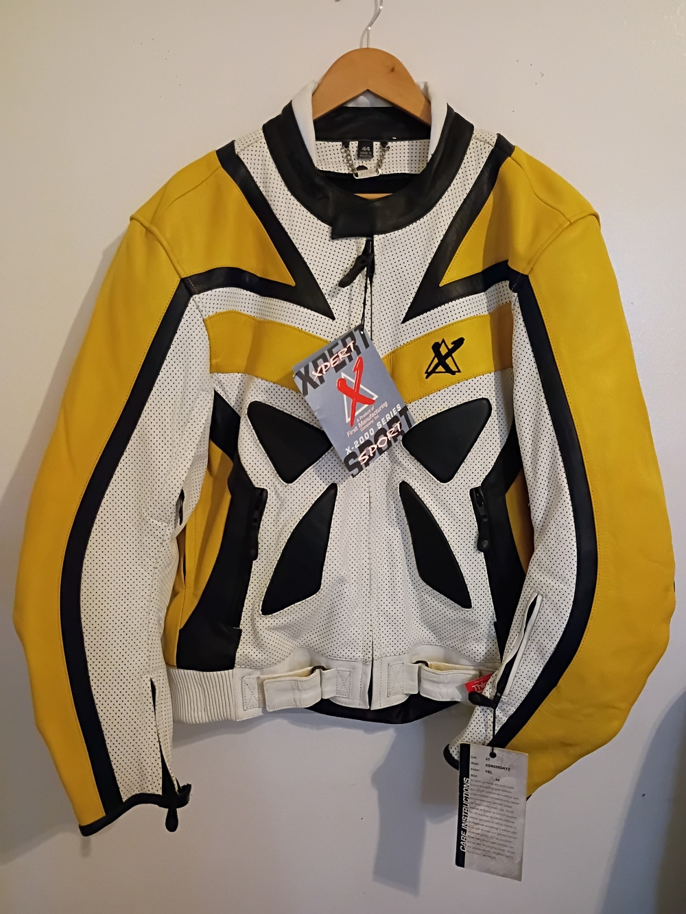 Xpert Unisex Yellow, White & Black Perforated Leather Motorcycle Jacket Sz 44